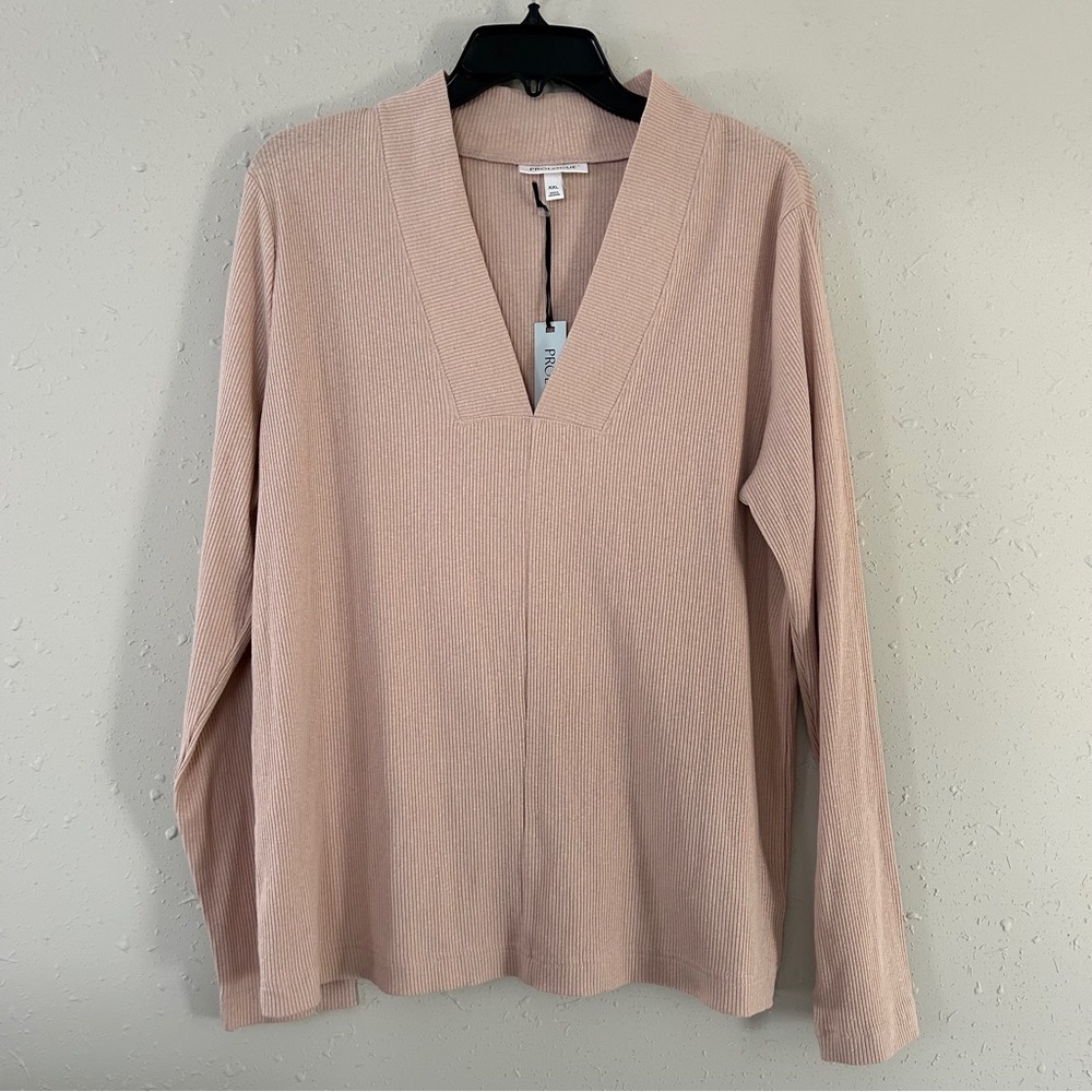 🦋 Prologoue Pale Pink V-Neck Ribbed Long Sleeve Blouse Casual Neutral XXL